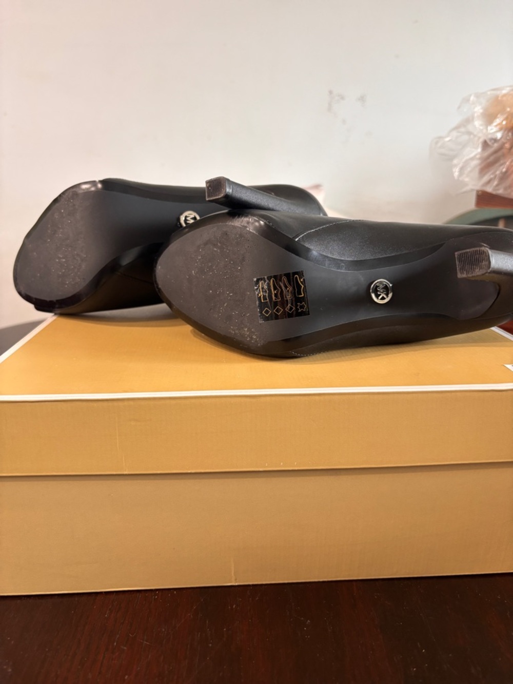 Michael Kors Black Leather Peep-Toe Ankle Booties with Buckle Strap - Picture 4 of 5